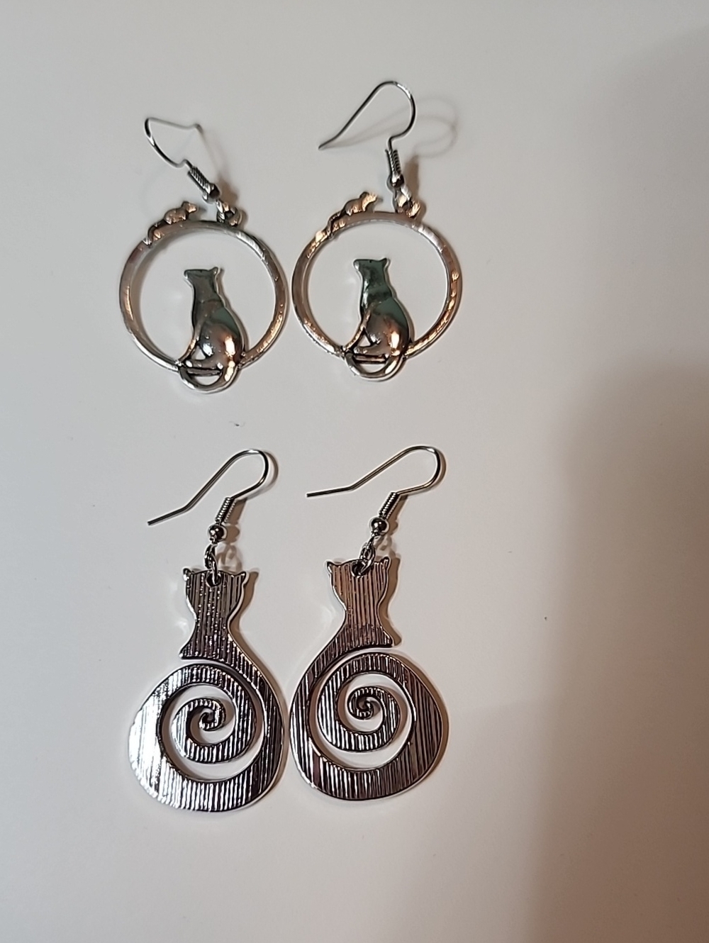 Silver Cat Dangle Earrings - Polished Silver Cat Silhouette